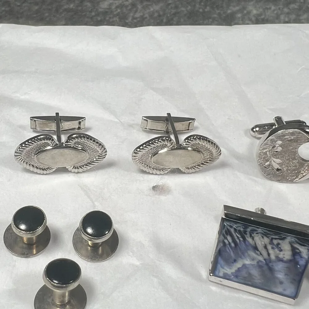 Vintage Silver Tone Mens Cufflinks Tie Tack Tuxedo Shirt Studs Jewelry Lot 7pc